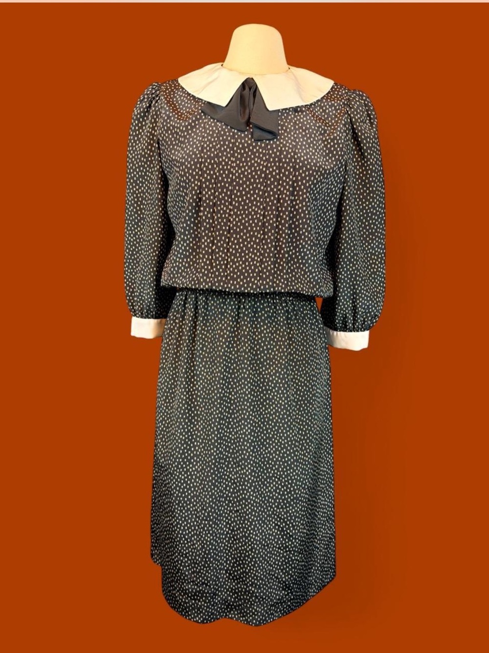 Vintage 80s Liz Petites Navy White Bow Collar Secretary Midi Dress S/M USA